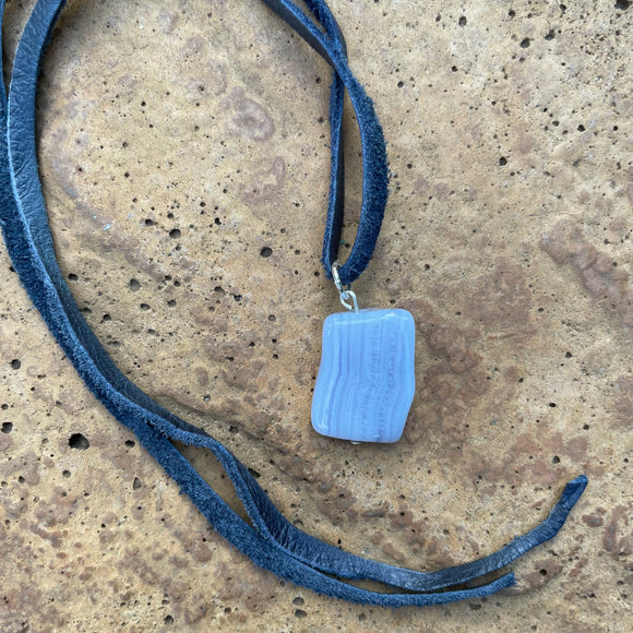 Blue Lace Agate Stone Pendant on Genuine Leather Necklace