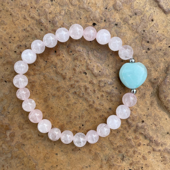 Amazonite Heart + Rose Quartz Bracelet